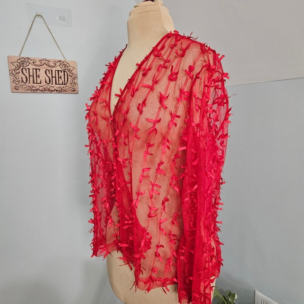 Maxima USA Shrug Womens Medium Sheer Mesh Cherry Red Ribbon Festive Holiday - Picture 5 of 14